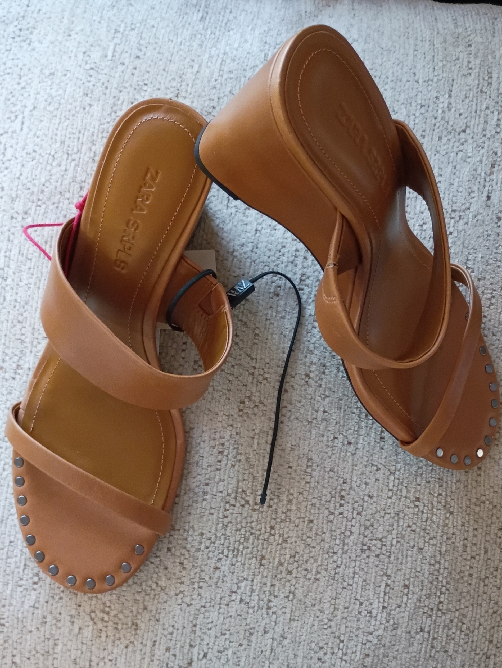 Zara Brown Wedge Mules with Stud Trim